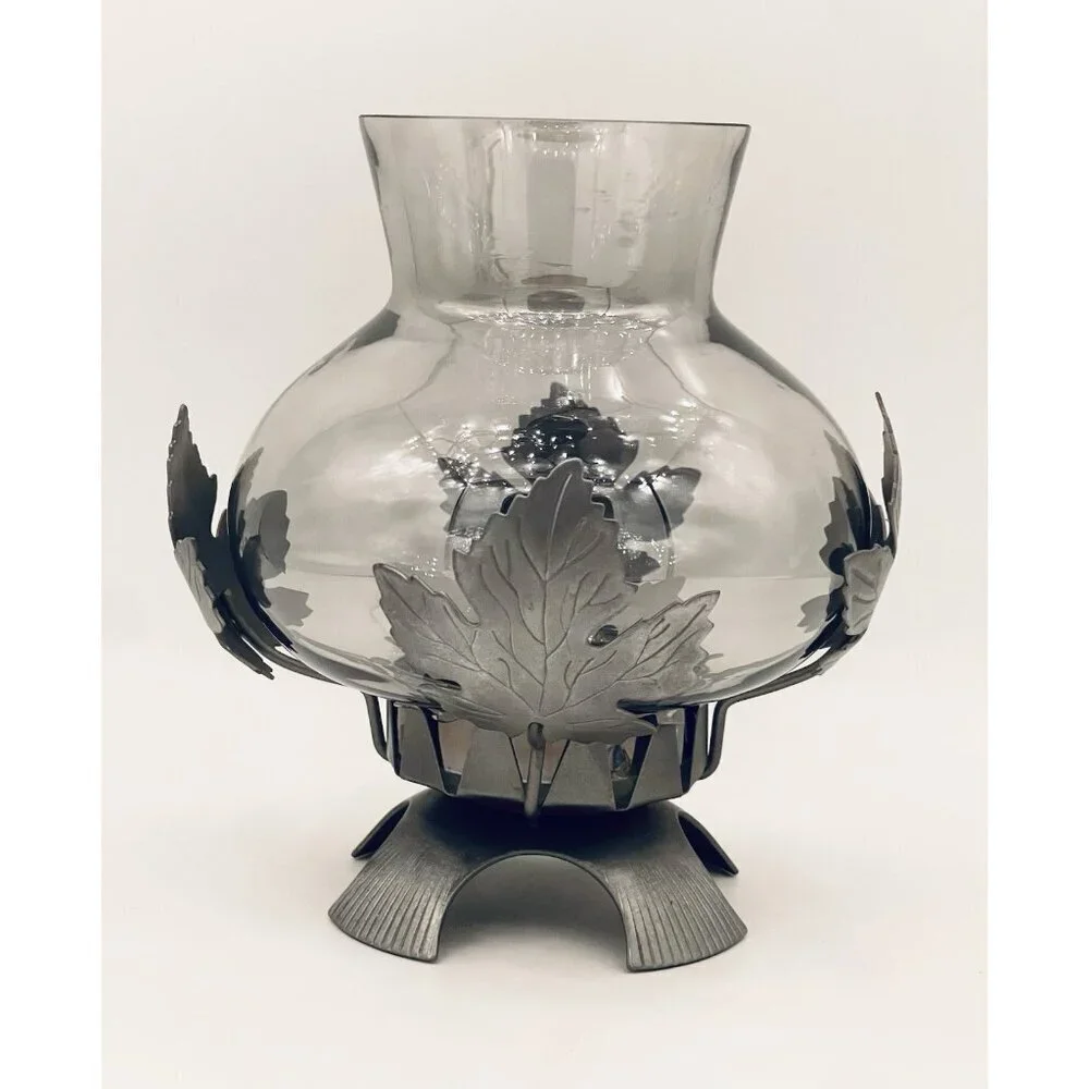 Pewter Maple Leaf Hurricane Pillar Candle Holder 7.25” Smoky Gray Lantern